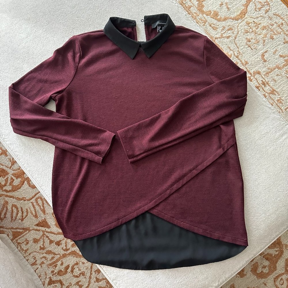 Like NEW Maroon Lightweight Sweater with Black Sheer Collar and Hemline Sz 8 - Picture 5 of 9